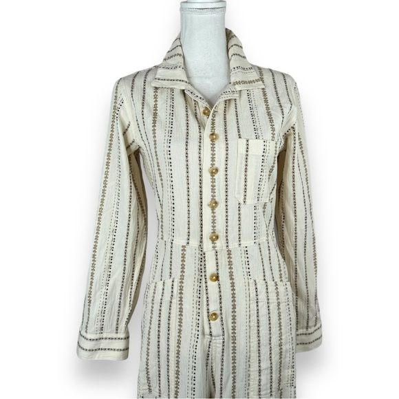 Free People Gia Jumpsuit in Neutral Ivory Tan  Stripe Long Sleeve Button Front - Picture 7 of 13
